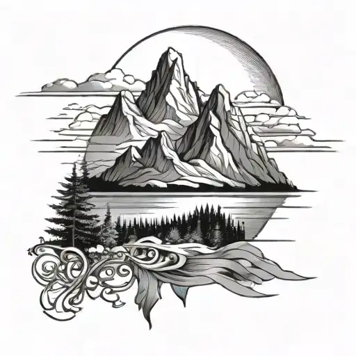 mountains mont-blanc ridge lake sun rising tattoo design idea