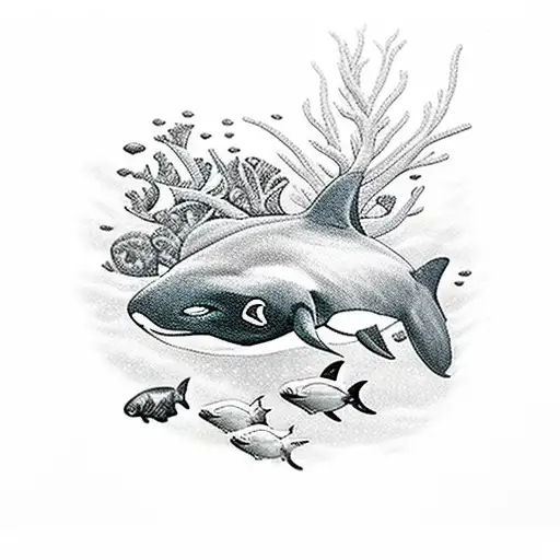 orcas under the sea with other fishes and corals tattoo design idea