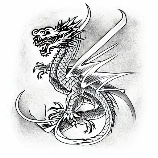 dragon holding swords tattoo design idea