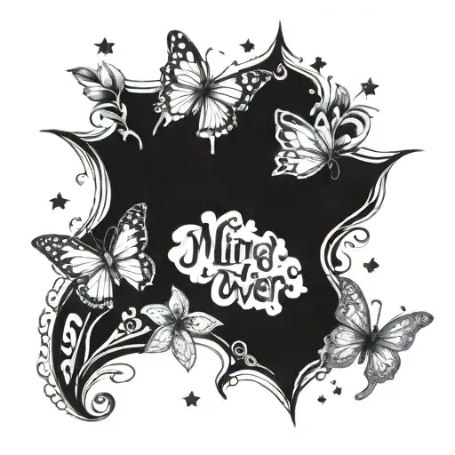 mind over matter text with butterflies stars and flowers tattoo design idea