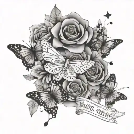 mind over matter text with butterflies stars and flowers tattoo design idea