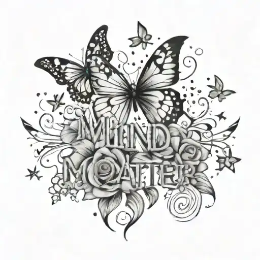 mind over matter text with butterflies stars and flowers and sad a little tattoo design idea