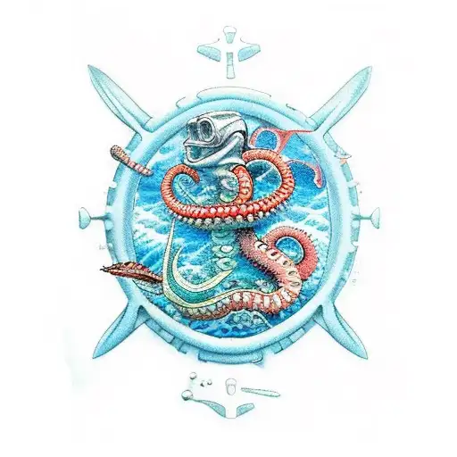 Im a scuba diver and boat skipper, i want a tatto subrealistic about theocean, ship, kraken. tattoo design idea