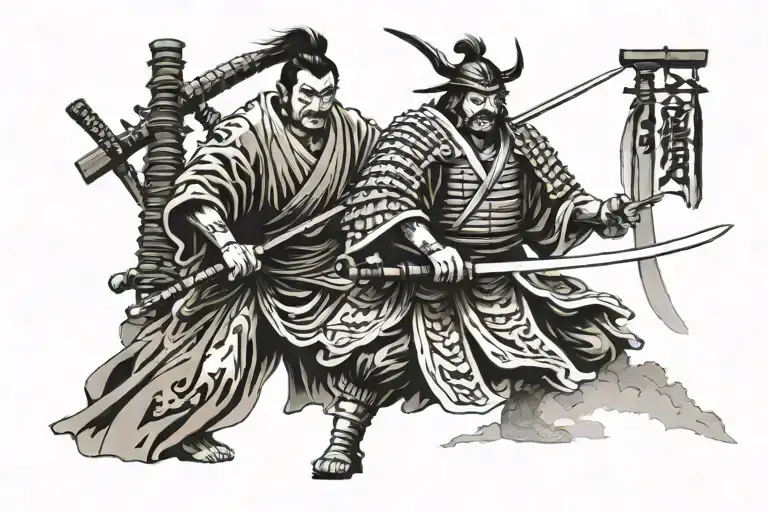 japanes samurai huged by geisha holding a katana and shrine in the background tattoo design idea