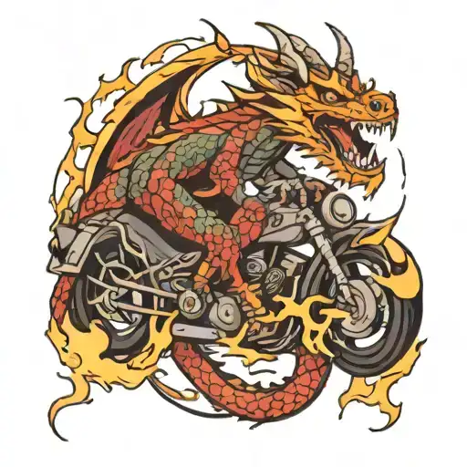 Traditional style tattoo of a dragon inspired by anime, wrapping around a motorcycle with flames and lightning bolts tattoo design idea