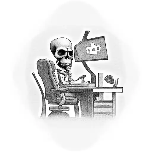 A grim reaper sitting at a computer desk with tombstones as monitors tattoo design idea