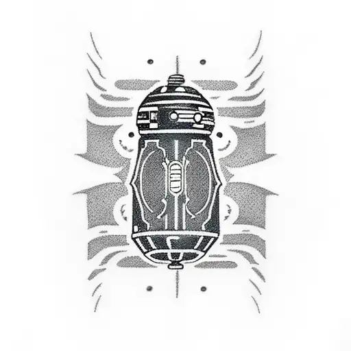 A dotwork tattoo of a Jedi lightsaber with the word 'LAEA' written in Aurebesh script around it. tattoo design idea