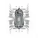 A dotwork tattoo of a Jedi lightsaber with the word 'LAEA' written in Aurebesh script around it. tattoo design idea