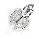 A dotwork tattoo of a Jedi lightsaber with the word 'LAEA' written in Aurebesh script around it. tattoo design idea