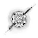 A dotwork tattoo of a Jedi lightsaber with the word 'LAEA' written in Aurebesh script around it. tattoo design idea