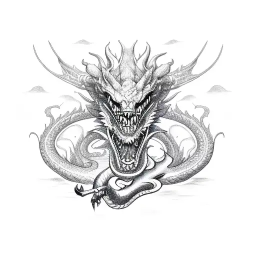 A sketch of a Korean dragon holding a Rhode Island anchor tattoo design idea