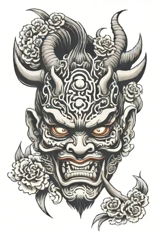 oni mask split in half tattoo design idea