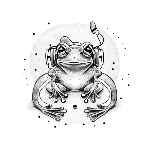 a cute frog wearing a headphone tattoo design idea