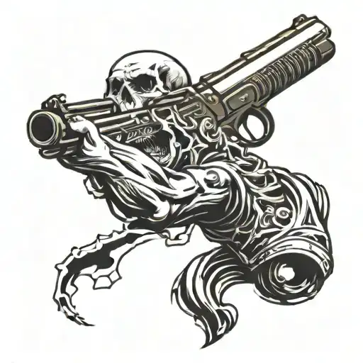 death with gun, with skull screaming and angry, holding a long gun and grabbing a knife  tattoo design idea