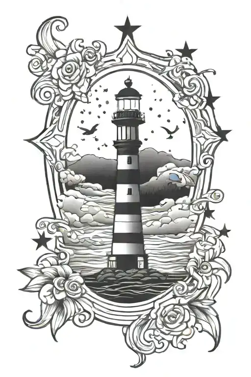 stars and lighthouse standing tall tattoo design idea