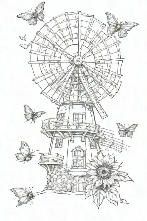 windmill with sunflowers and butter fly coming tattoo design idea