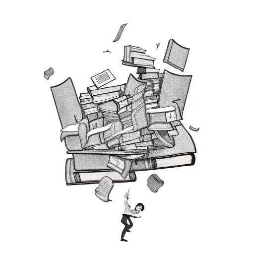 An intricate black-grey tattoo of a library with books flying off the shelves tattoo design idea