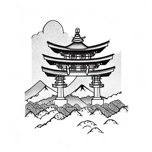 torii gate with mount fuji background black and white tattoo design idea