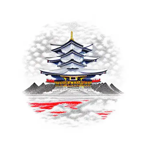 torii gate with mount fuji background red and black tattoo design idea