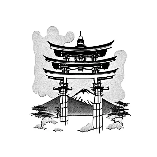torii gate with mount fuji background black and white tattoo design idea