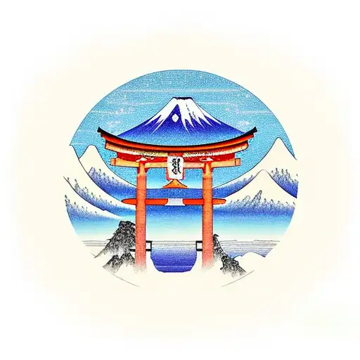 torii gate with mount fuji background tattoo design idea