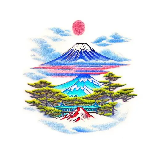 red torii gate, blue sky, mount fuji tattoo design idea