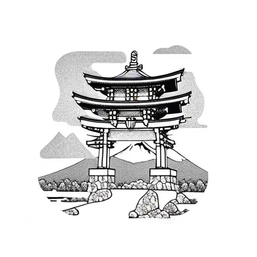 torii gate with mount fuji background black and white tattoo design idea