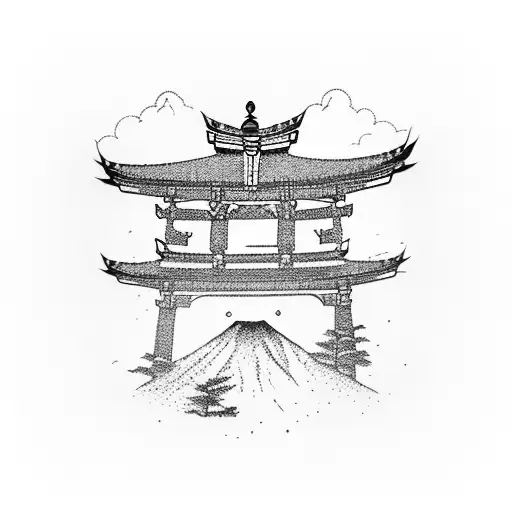 red torii gate, blue sky, mount fuji tattoo design idea