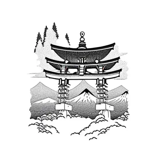 torii gate with mount fuji background black and white tattoo design idea