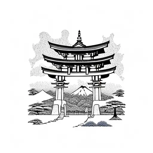 torii gate with mount fuji background black and white tattoo design idea