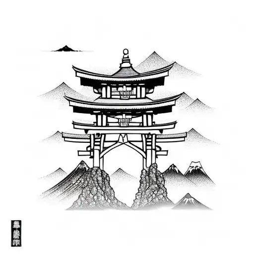 torii gate with mount fuji background black and white tattoo design idea