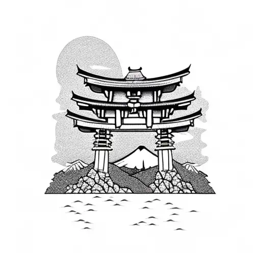 torii gate with mount fuji background black and white tattoo design idea