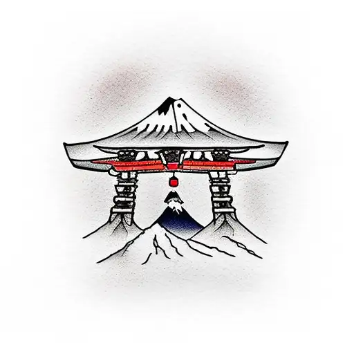 torii gate with mount fuji background, landscape tattoo design idea