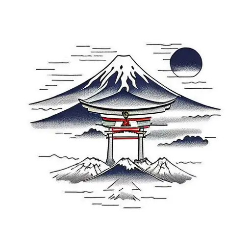 torii gate with mount fuji background, landscape tattoo design idea
