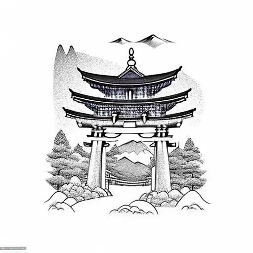 torii gate with mount fuji background black and white tattoo design idea