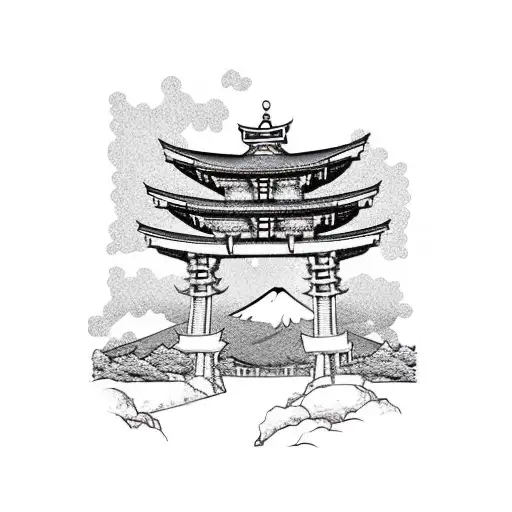 torii gate with mount fuji background black and white tattoo design idea