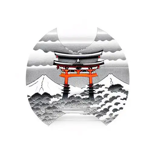 black white and red, torii gate with mt fuji background tattoo design idea