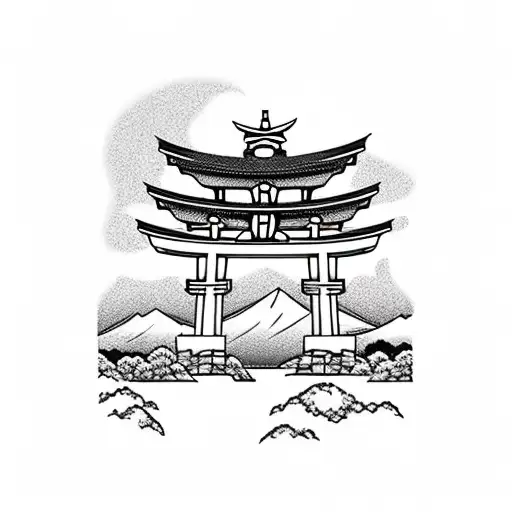 torii gate with mount fuji background black and white tattoo design idea