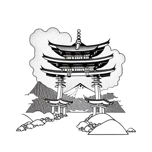 torii gate with mount fuji background black and white tattoo design idea