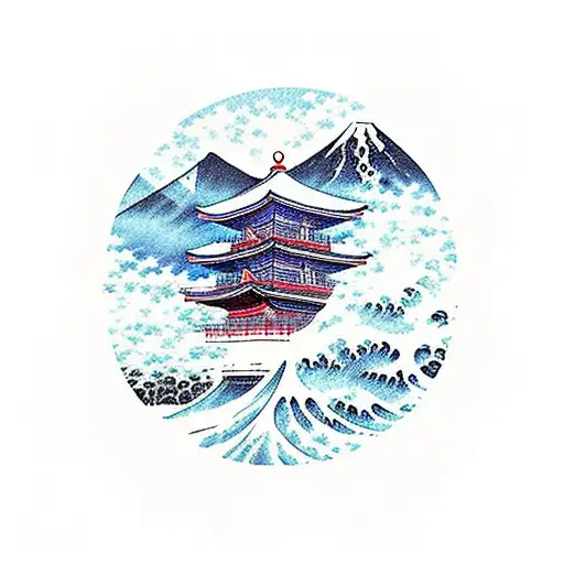 mount fuji torii gate great wave tattoo design idea
