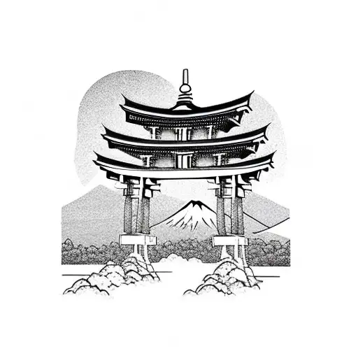 torii gate with mount fuji background black and white tattoo design idea