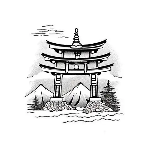 torii gate with mount fuji background black and white tattoo design idea