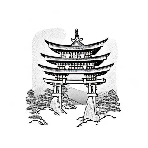 torii gate with mount fuji background black and white tattoo design idea