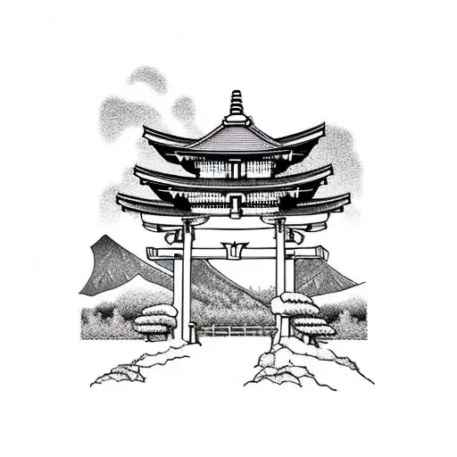 torii gate with mount fuji background black and white tattoo design idea