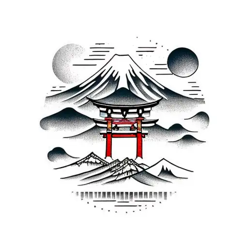 torii gate with mount fuji background, landscape tattoo design idea