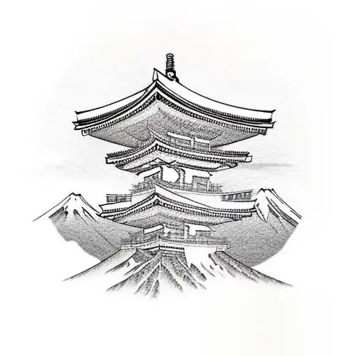 torii gate with mount fuji background, landscape tattoo design idea