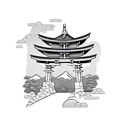 torii gate with mount fuji background black and white tattoo design idea