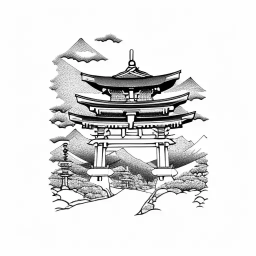 torii gate with mount fuji background black and white tattoo design idea
