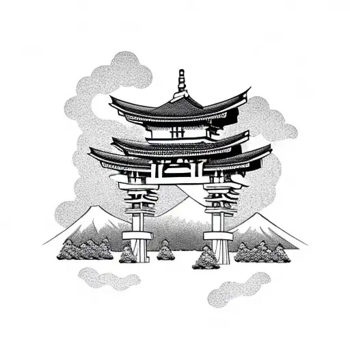 torii gate with mount fuji background black and white tattoo design idea