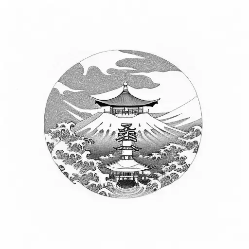 mount fuji torii gate great wave tattoo design idea